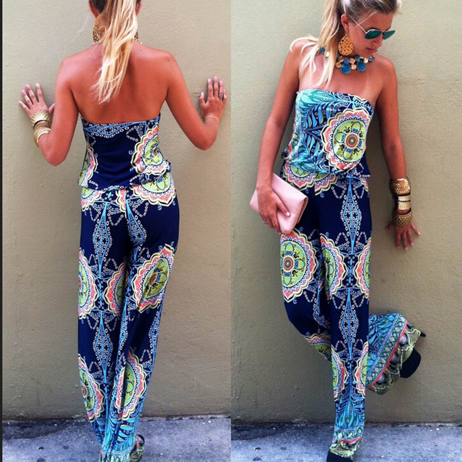 F2438-2 Blue Tribal Print Strapless Wide Leg Jumpsuit